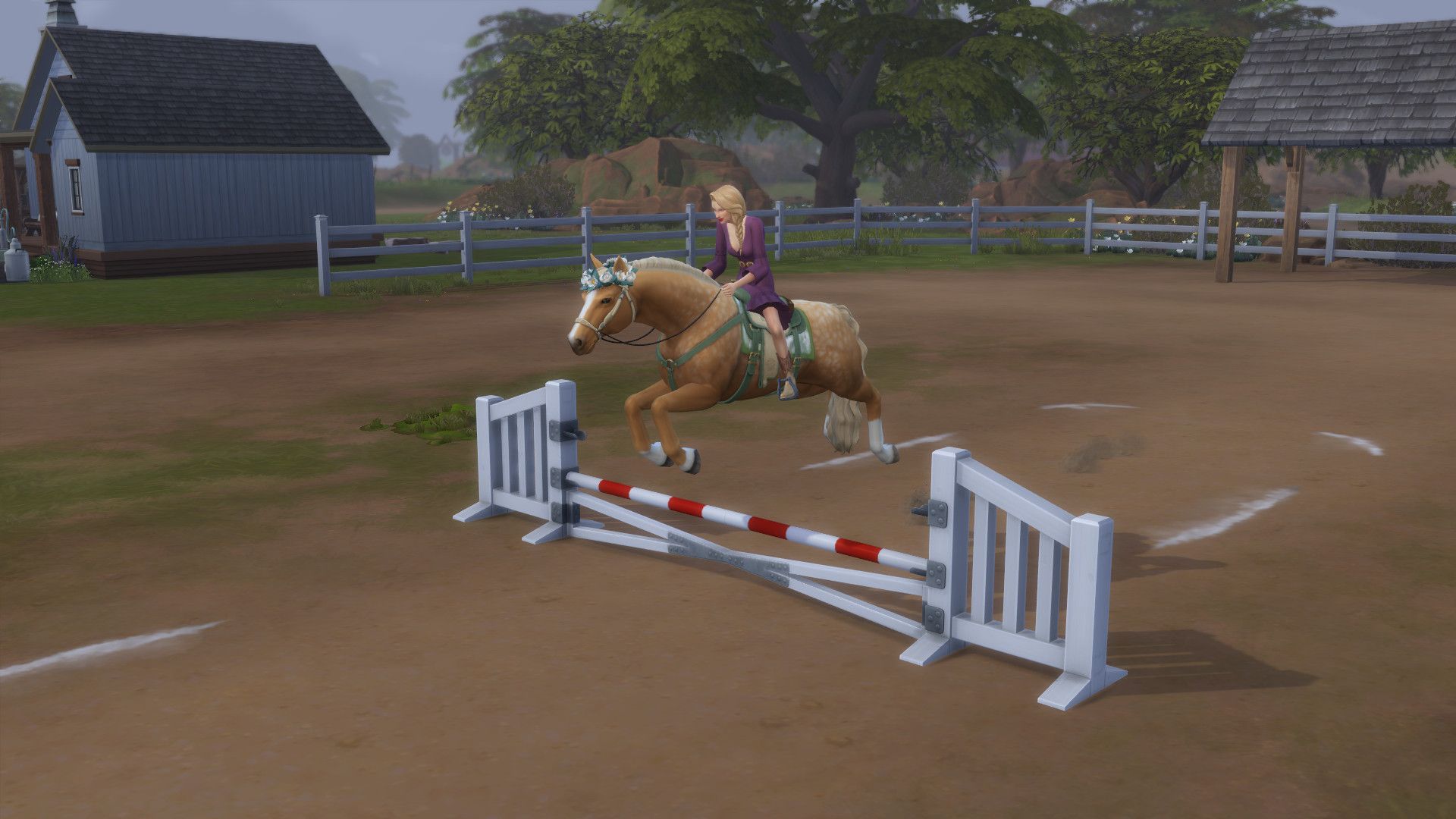 Chế độ xây dựng và mua sắm của The Sims 4 Horse Ranch chứa đầy đồ nội thất bằng gỗ, bánh xe xe ngựa trang trí tường